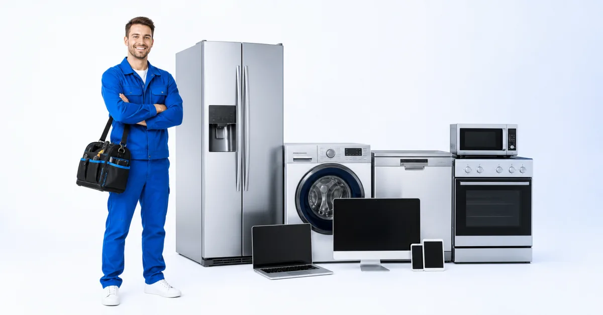 Smart Pro repair technician with home appliances, laptops, desktops, and mobile devices